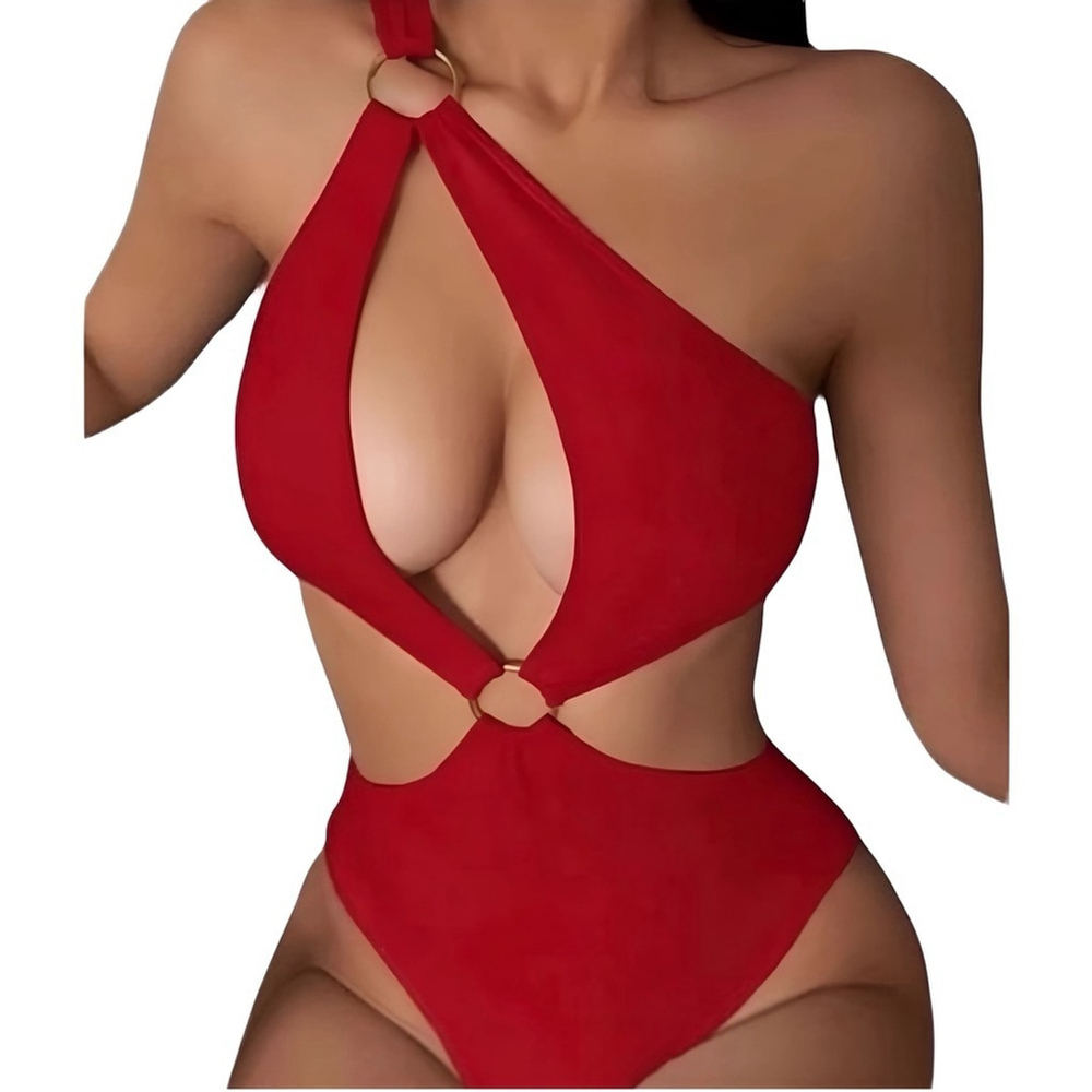 SHEIN Women’s One Shoulder Cut-Out Swimsuit – O-Ring Accents, Red, Size Small